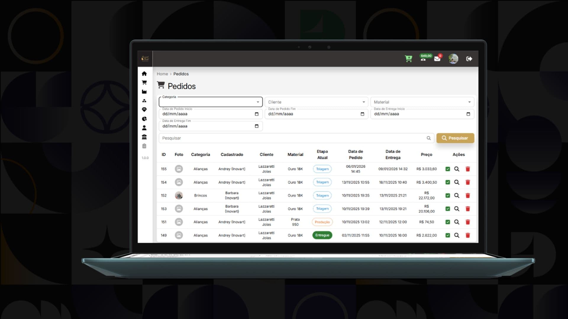 Tela de pedidos do e-commerce B2B da Inovart Gold, com etapa e data de cada pedido